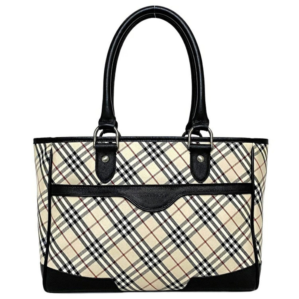 Burberry Tote Bag Beige Black Check Nova Handbag Zipper Documents All over